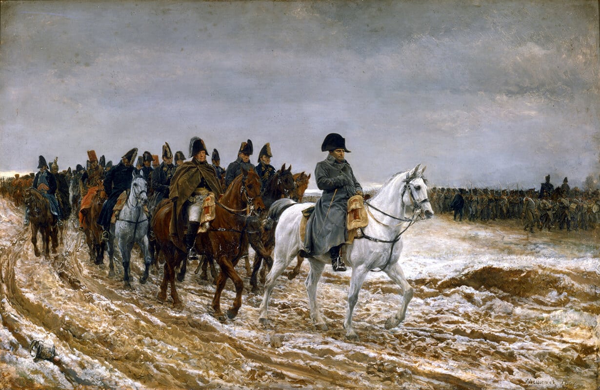 Napoleon is wearing a grey overcoat Napoleon is wearing a grey overcoat
